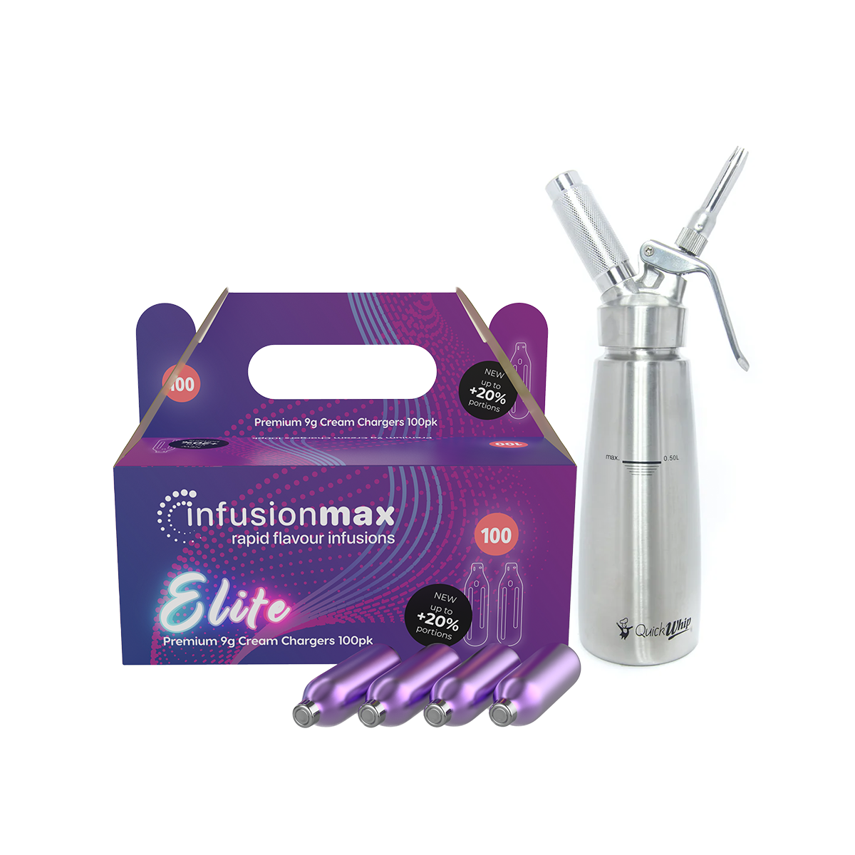 InfusionMax Elite 100-Pack 9g Cream Chargers + QuickWhip Pro Stainless Steel Whipped Cream Dispenser Bundle