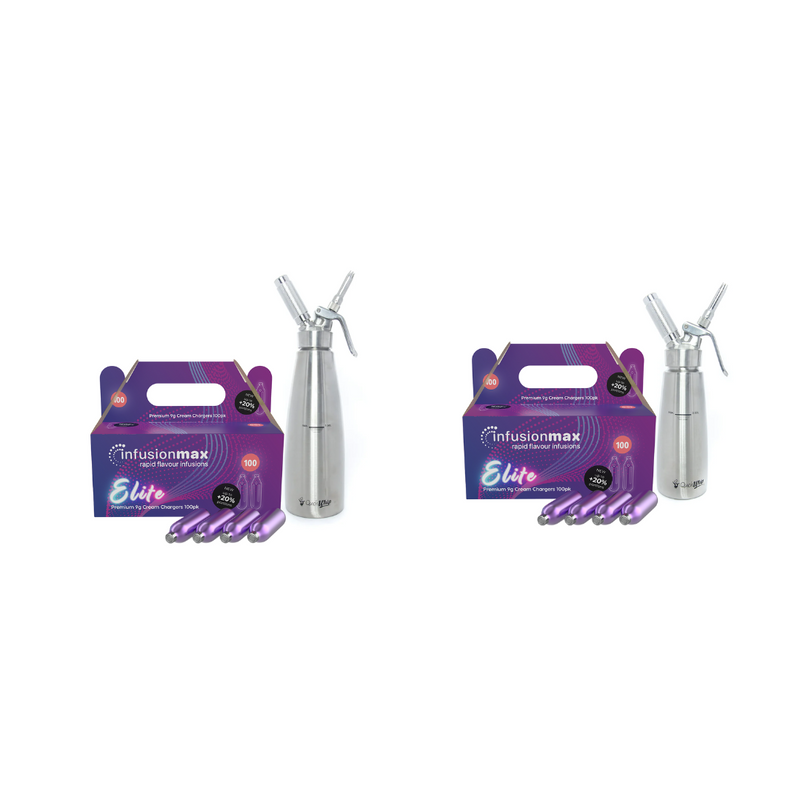 InfusionMax Elite 100-Pack 9g Cream Chargers + QuickWhip Pro Stainless Steel Whipped Cream Dispenser Bundle