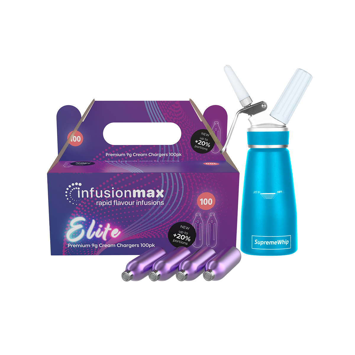 InfusionMax Elite 100-Pack 9g Cream Chargers + SupremeWhip PRO 250ML Dispenser Bundle