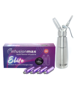 InfusionMax Elite 24-Pack 9g N₂O Cream Chargers Bundle + QuickWhip PRO Stainless Steel Whipped Cream Dispenser