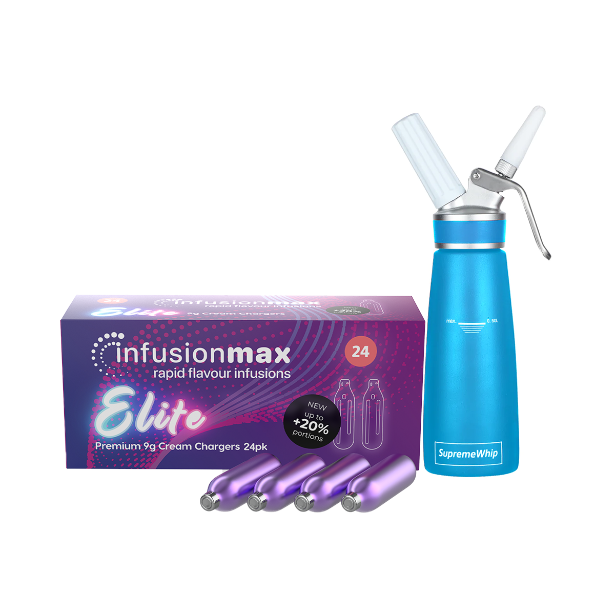 InfusionMax Elite 24-Pack 9g Whipped Cream Chargers + SupremeWhip PRO 250ml Dispenser Bundle