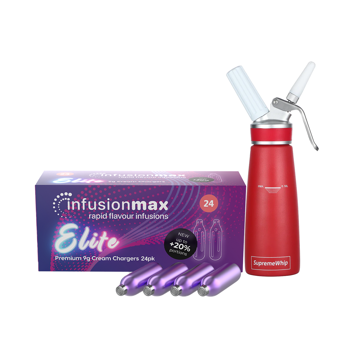 InfusionMax Elite 24-Pack 9g Whipped Cream Chargers + SupremeWhip PRO 250ml Dispenser Bundle