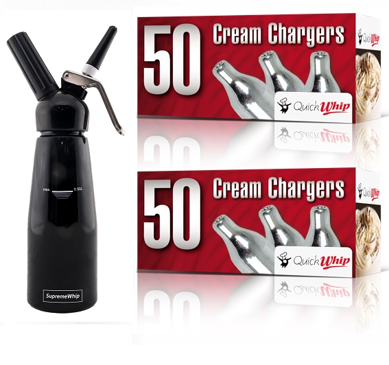 Starter Pack - QuickWhip Cream Chargers – 600 - (12 x 50 Packs) & 0.5L SupremeWhip Dispenser Black