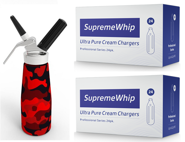 Starter Pack - SupremeWhip Cream Chargers –24 Packs & 0.5L Camo Red Print Dispenser