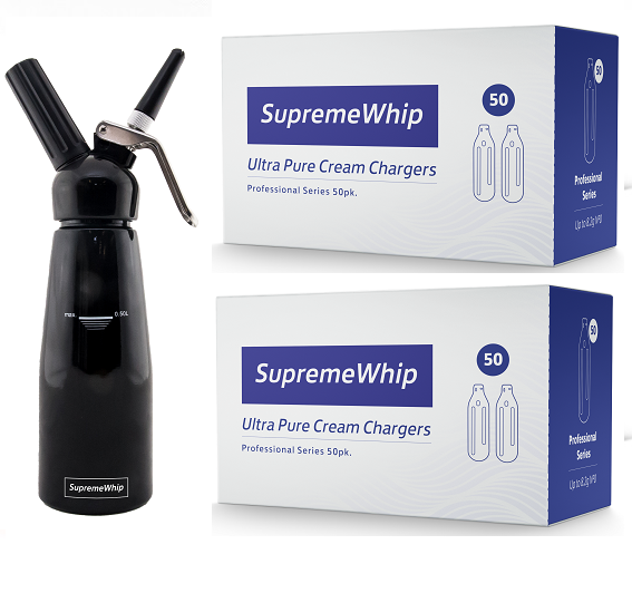 Starter Pack - SupremeWhip Cream Chargers – 600 - (12 x 50Pks) & 0.5L Black Dispenser