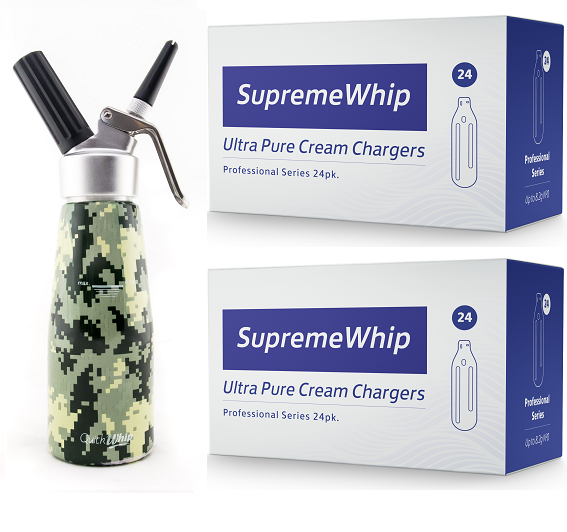 Starter Pack - SupremeWhip Cream Chargers – 96 - (4 x 24Pks) & 0.5L Army Print Dispenser